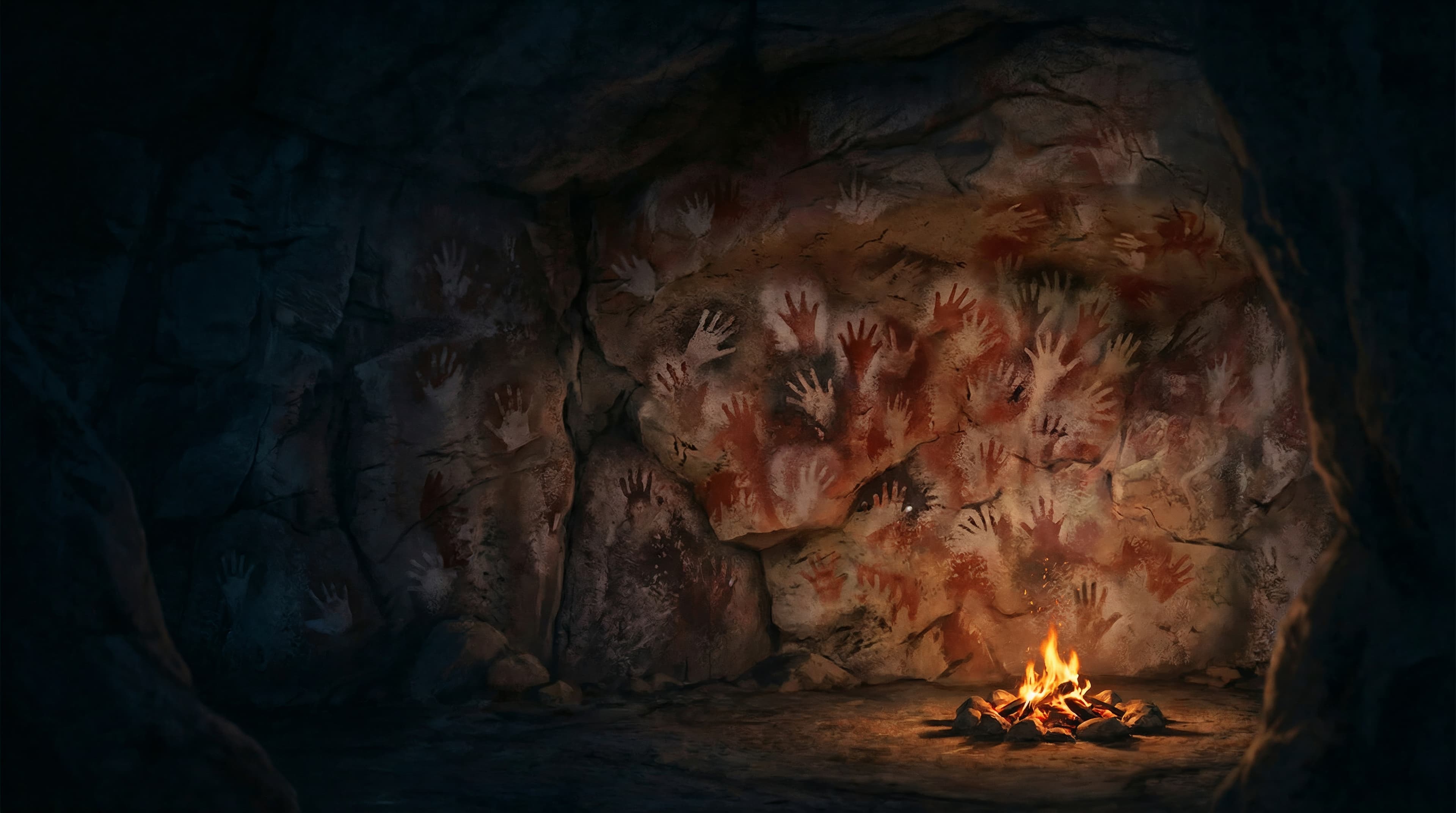 Dark cave wall with ancient handprint stencils illuminated by a small fire